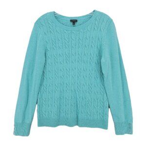 TALBOTS Blue Cable Knit Sweater Pullover Nylon Lambswool Button Detail LARGE